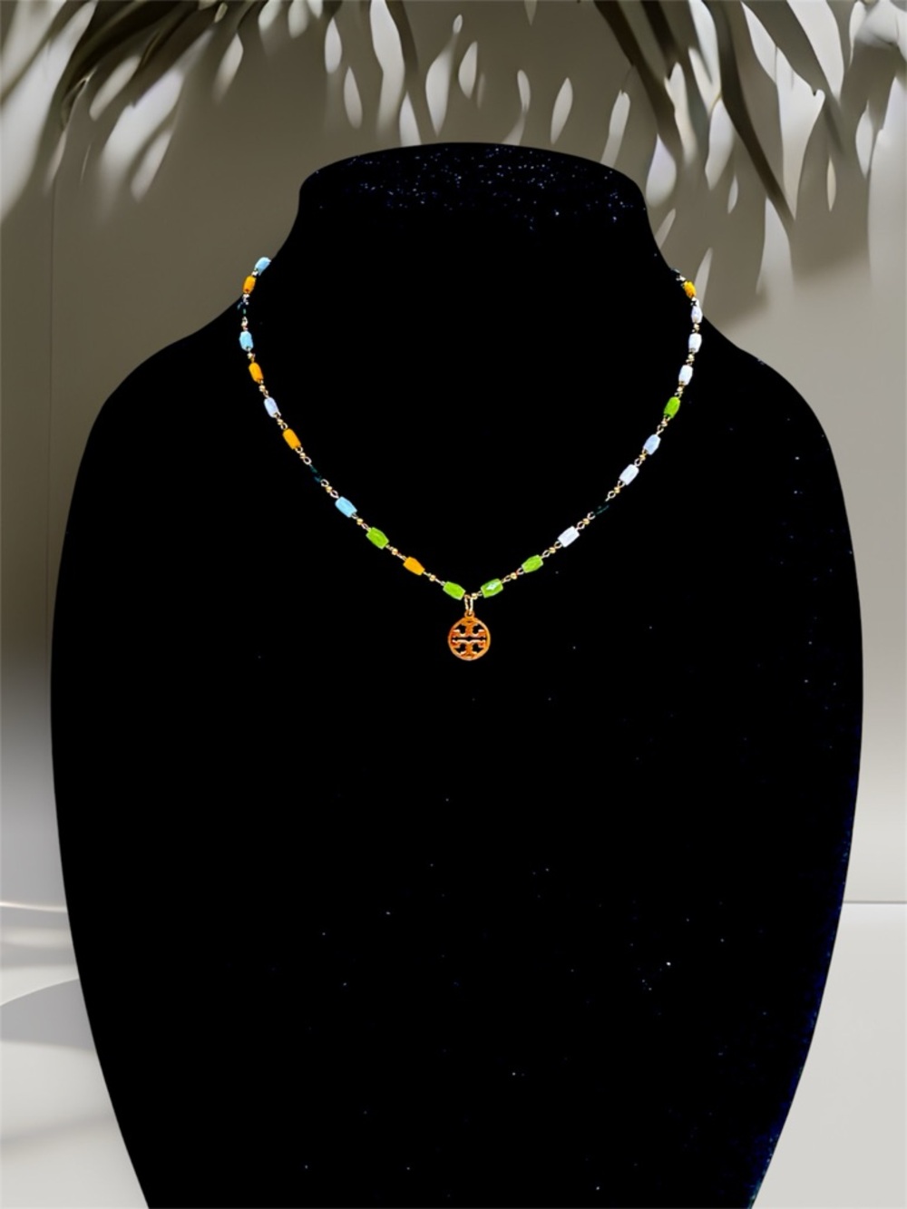 TORY BURCH SIGNATURE LOGO CHARM ON A DAINTY BEADED CHAIN 18K GOLD PVD